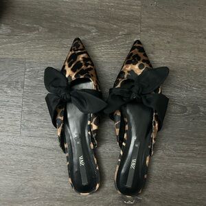 Zara Brown and Black Leopard Print Flats with Bow